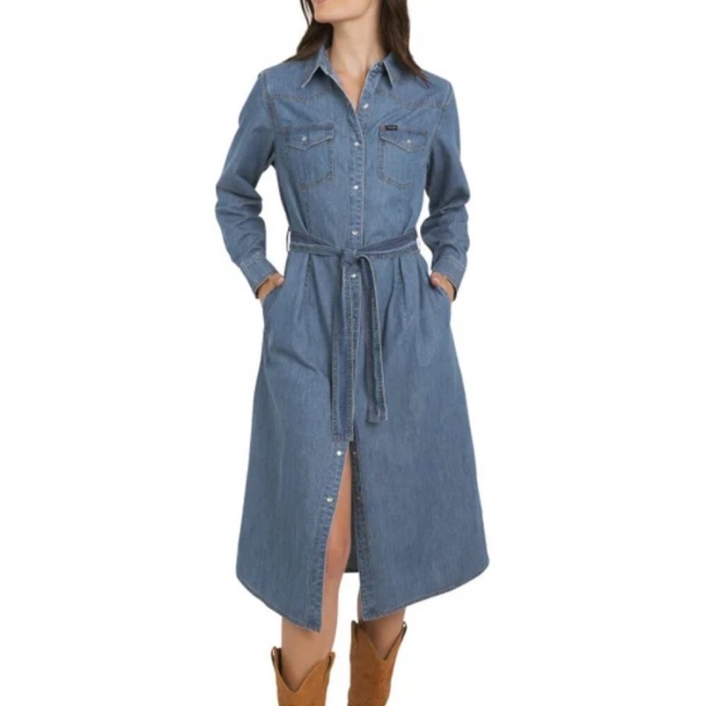 Women's Denim Midi Dress with Pockets and Pearl Snaps
